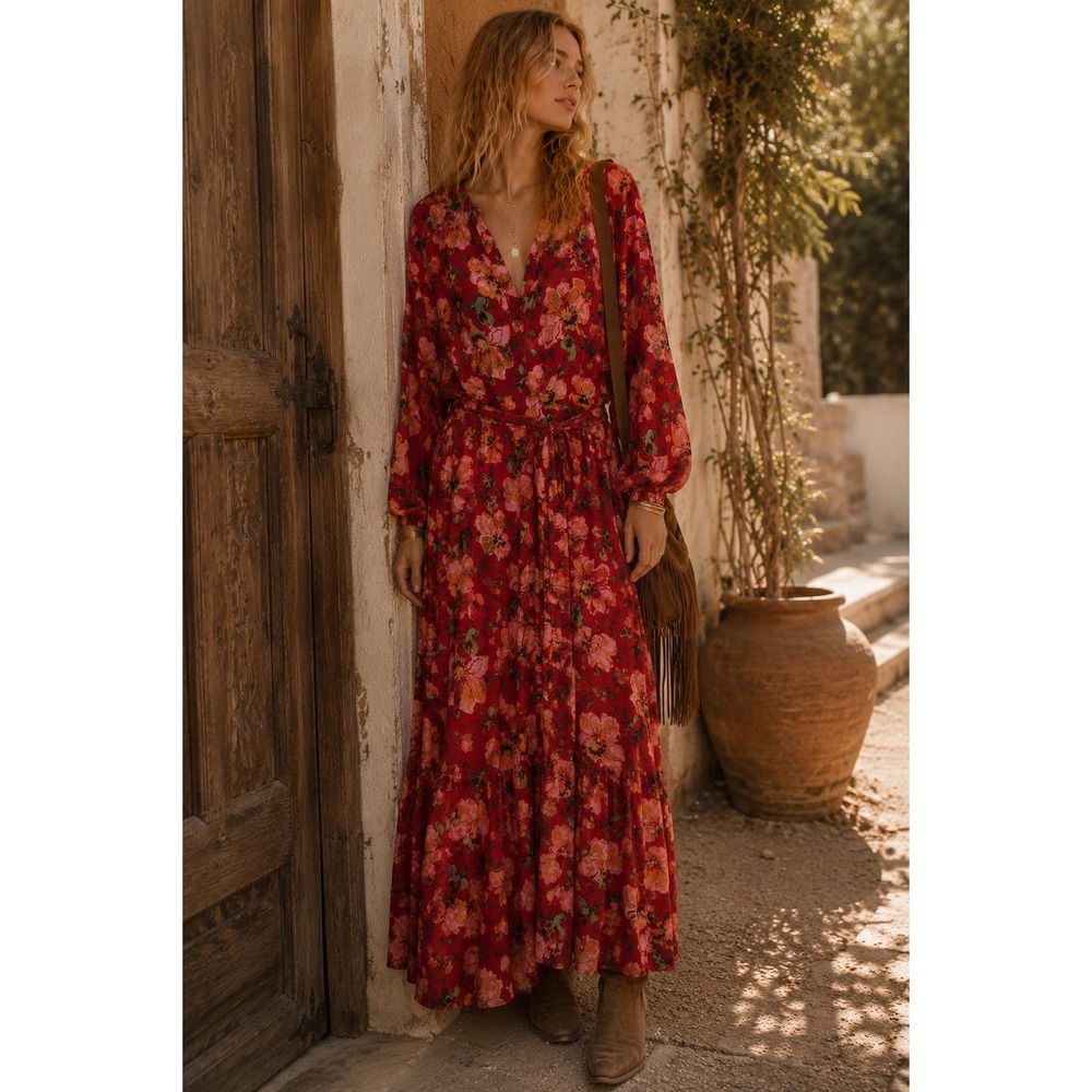 HM Red Floral Maxi Dress Long Balloon Sleeve Boho Tiered V-Neck Large
